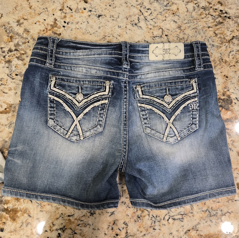 Miss Me Blue Denim Shorts with White Embroidery Womens Size 29